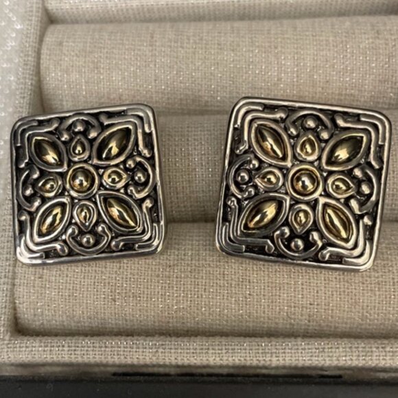 Vintage Clip On Earrings Silver & Gold Toned Square Shield Costume Jewelry - Picture 2 of 4
